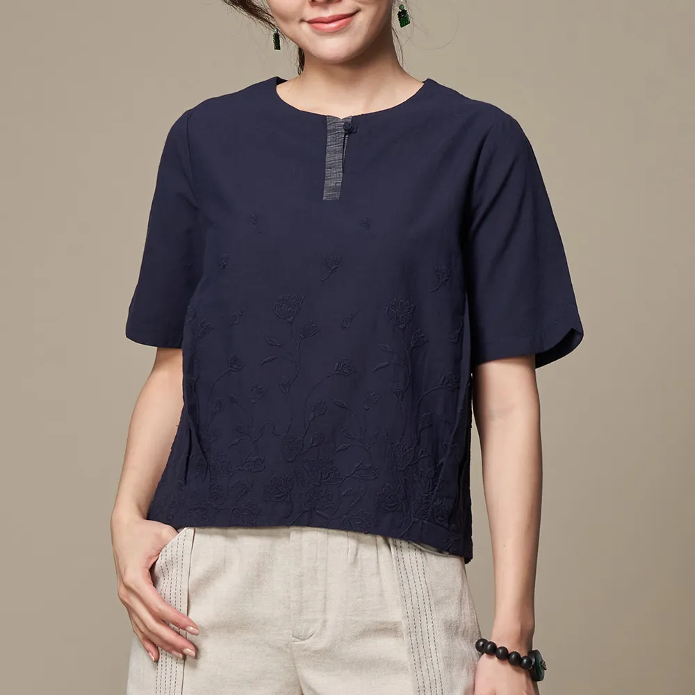 【古典美】03065 刺繡圓弧花苞袖上衣(茶禪服/中國風/國服/漢服/手染服/棉麻/亞麻/天然纖維)