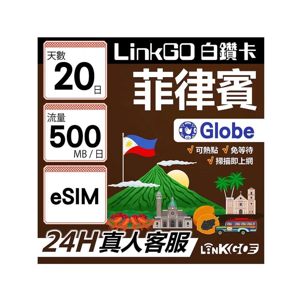 【LINKGO】白鑽卡 菲律賓 eSIM卡 Globe電信 20天上網卡每日500MB 高速流量(菲律賓網卡 宿霧 巴拉望 馬尼拉)