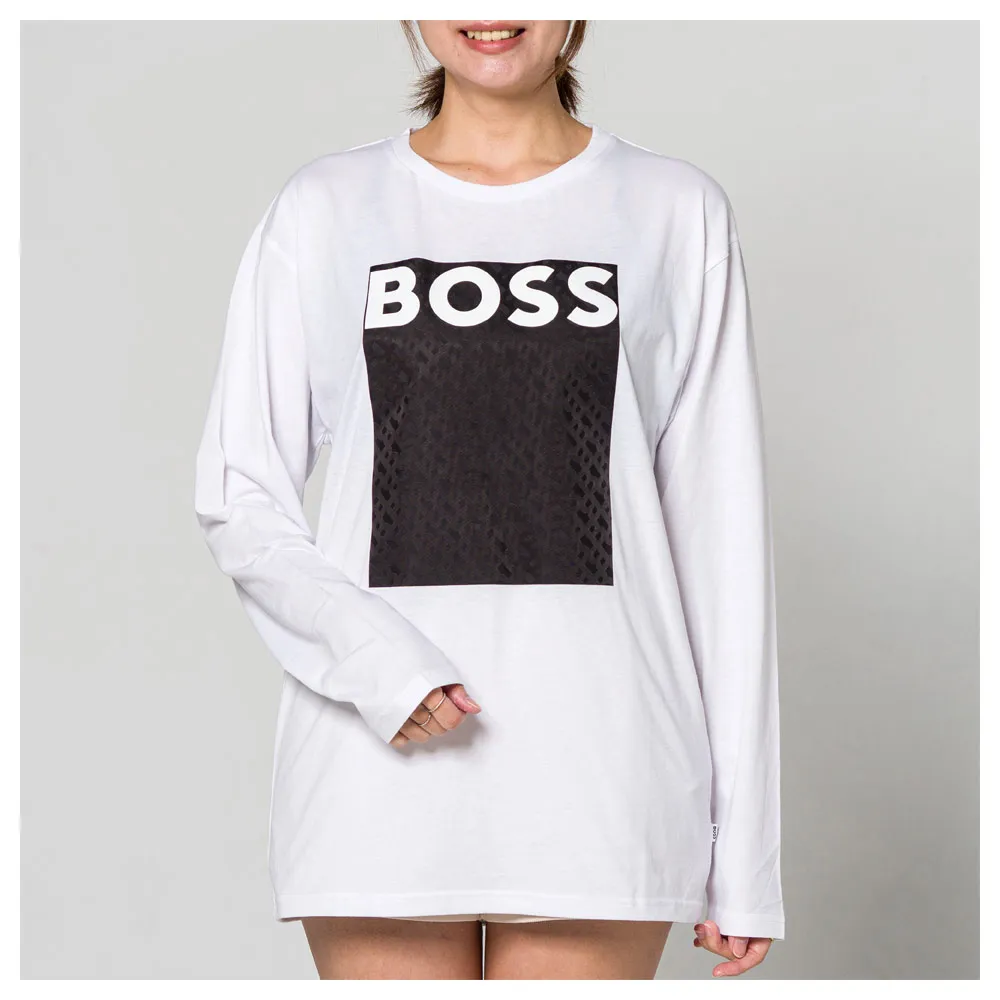 【HUGO BOSS】方框logo長袖T-shirt (白/黑框)(16-M)