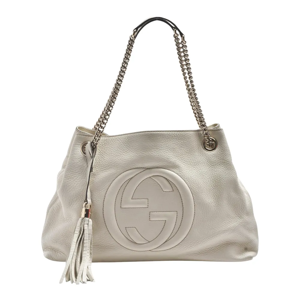 【GUCCI 古馳】經典 SOHO系列大LOGO流蘇吊飾小牛皮肩背包(展示品-中-白)