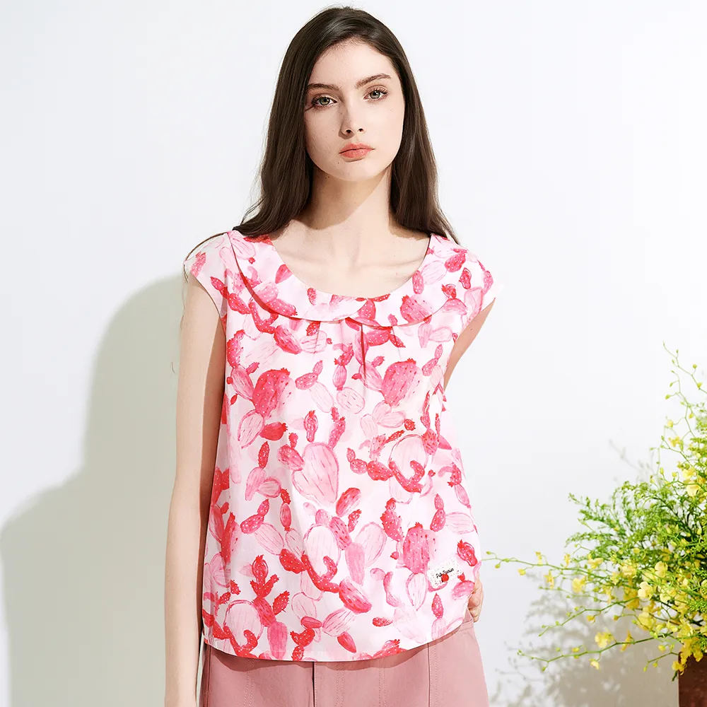 【TOWN’WEAR 棠葳】滿版印花翻領純棉上衣(中大尺碼/女上衣/女上著/蕾絲/短袖/輕薄/涼感)