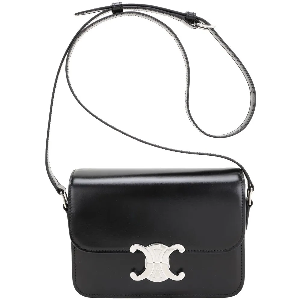 【CELINE】賽琳 TEEN Triomphe 黃銅銀凱旋門鎖亮面牛皮肩背包-黑色