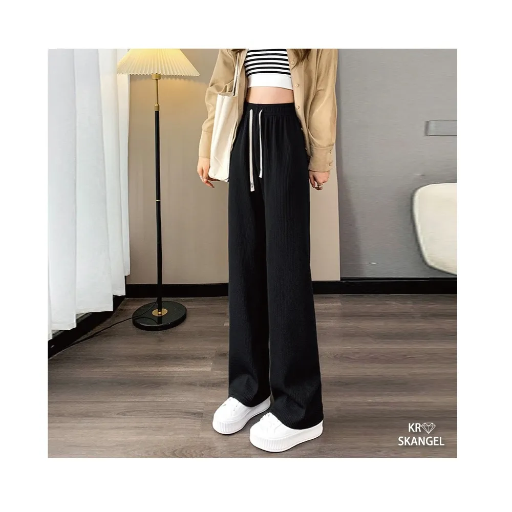 【amica】休閒窄版闊腿褲(坑條闊腿褲 休閒寬褲 抽繩休閒褲 顯瘦顯腿長)