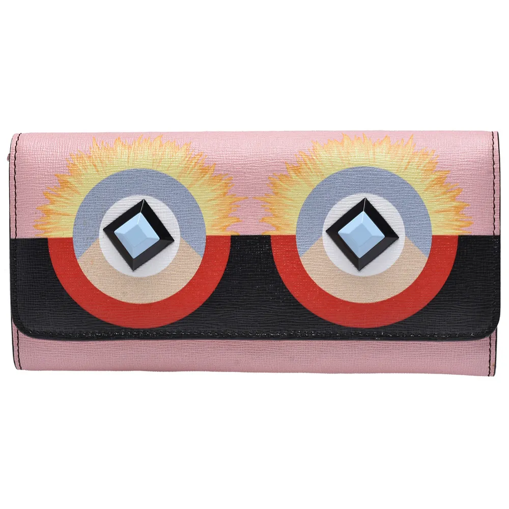 【FENDI 芬迪】KARLITO系列鉚釘造型撞色防刮小牛皮摺疊長夾(粉-展示品8M0251-SQT-F02L0)