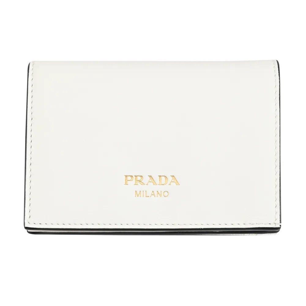 【PRADA 普拉達】簡約經典燙金LOGO素雅皮革對折零錢短夾(白)