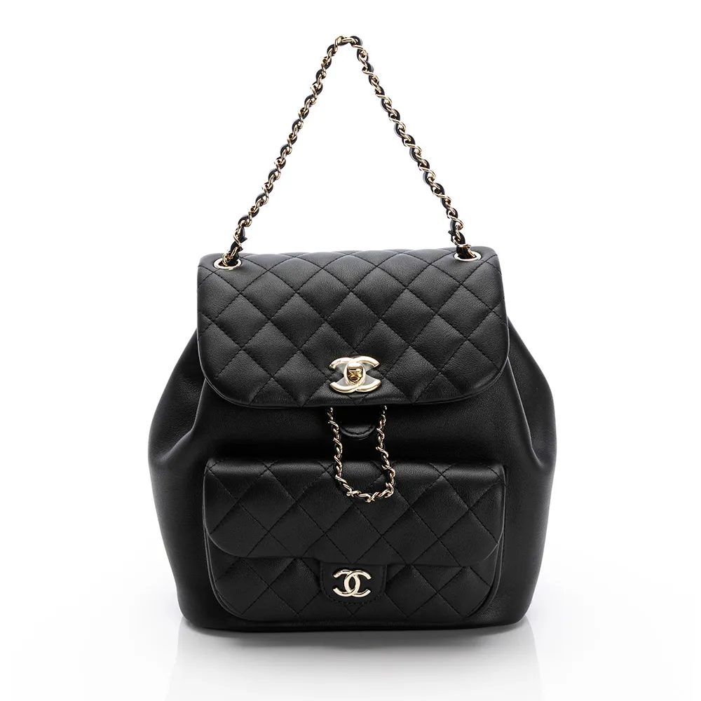 【CHANEL 香奈兒】Duma大型翻蓋雙肩後背包(黑/淡金)