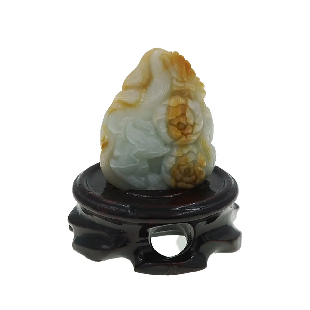 【喜緣玉品】九尾狐仙 天然翡翠A貨 大馬坎 春嘻牡丹 風水擺設 擺件-僅此一品(開運風水)(直)
