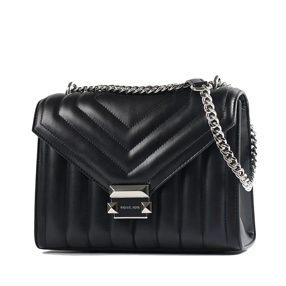 【Michael Kors】WHITNEY ☆縫皮革翻蓋磁釦肩背/斜背二用包-銀釦黑/中