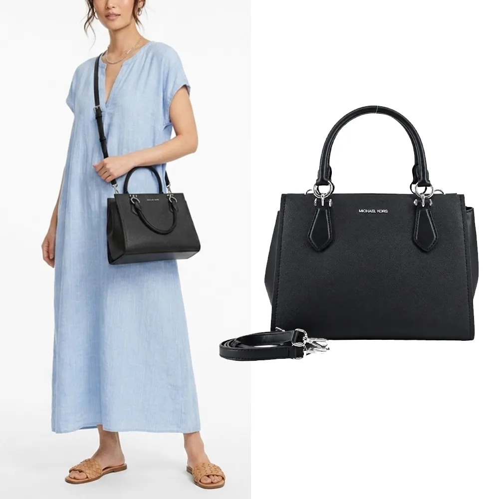 【Michael Kors】MARILYN 素面防刮皮革手提/斜背兩用包-中/黑