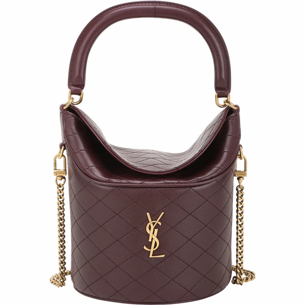 【YSL】Saint Laurent Gaby 菱格絎縫小羊皮半硬挺手提 肩斜背水桶包-酒紅
