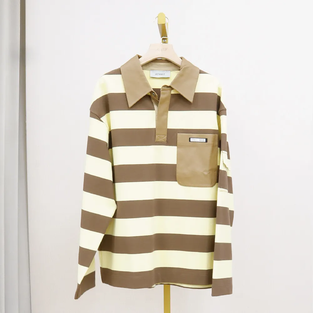 【AVVJOY 艾薇卓爾】黃咖條紋Polo(上衣 長袖 棉T 日系上衣 純棉polo POLO衫 oversize t恤 G52327-2102)