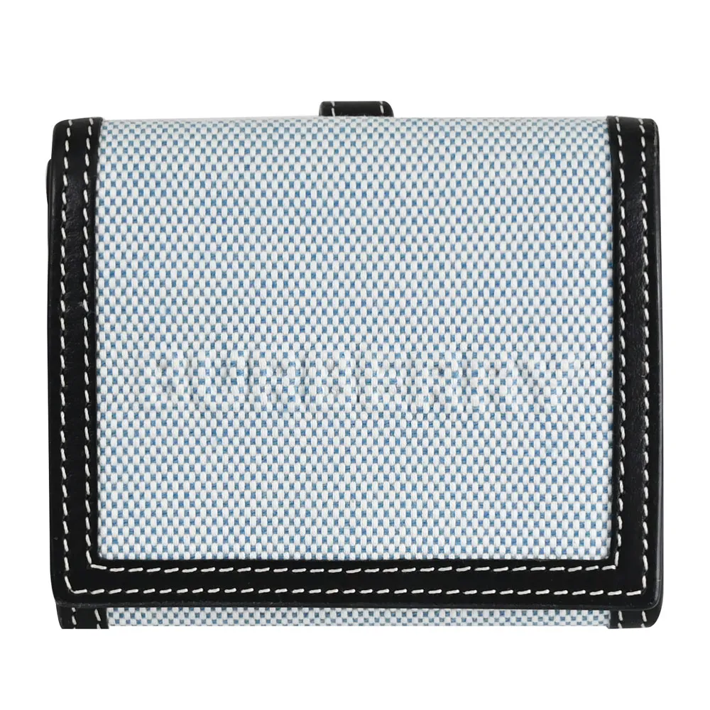【BURBERRY 巴寶莉】LUNA 經典品牌LOGO棉麻牛皮拼接扣式雙面零錢短夾(黑邊)