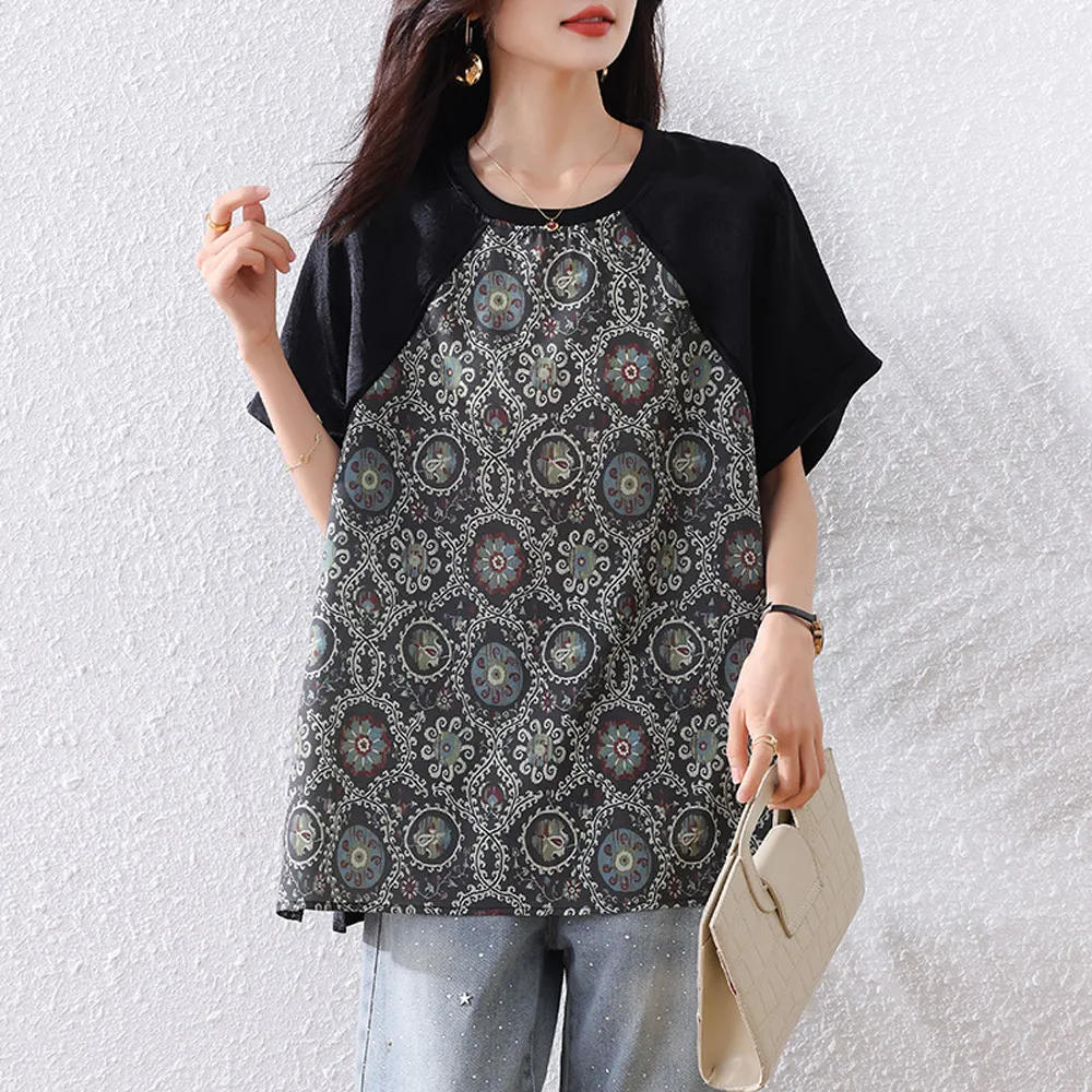 【ALLK 歐楷】新品 印花拼接長版上衣 圖片色(尺寸L-XXL/中大尺碼/涼爽/透氣)