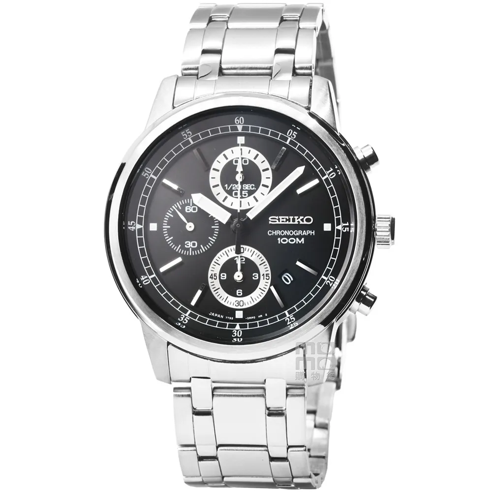 【SEIKO 精工】精工三眼計時賽車鋼帶錶 -黑(SNDC27J1 日本版) 雙11