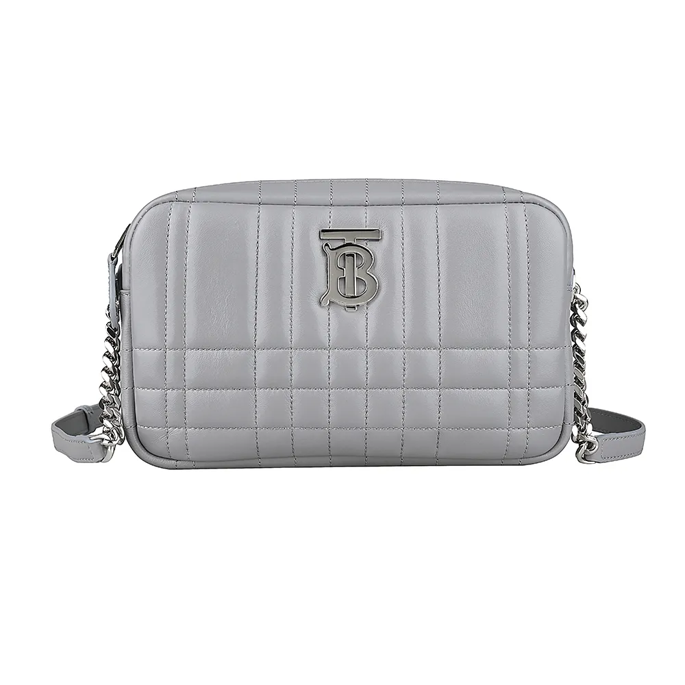 【BURBERRY 巴寶莉】BURBERRY Lola系列銀鍊帶格紋車線小羊皮斜背/相機包(灰)