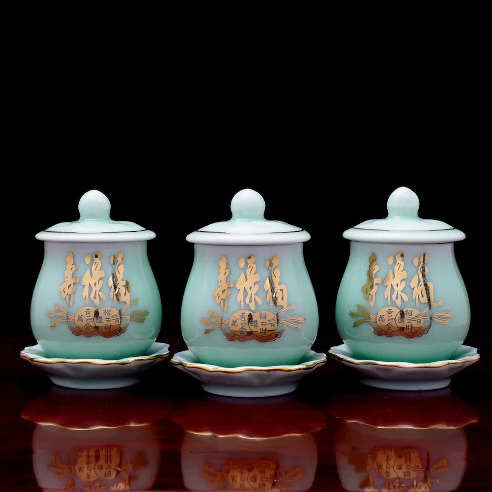 【台灣聖力達】福祿壽三杯盤套組 ・50mlx3入(青瓷・佛前供佛水杯 燙金神明杯 祖先杯 聖水杯)