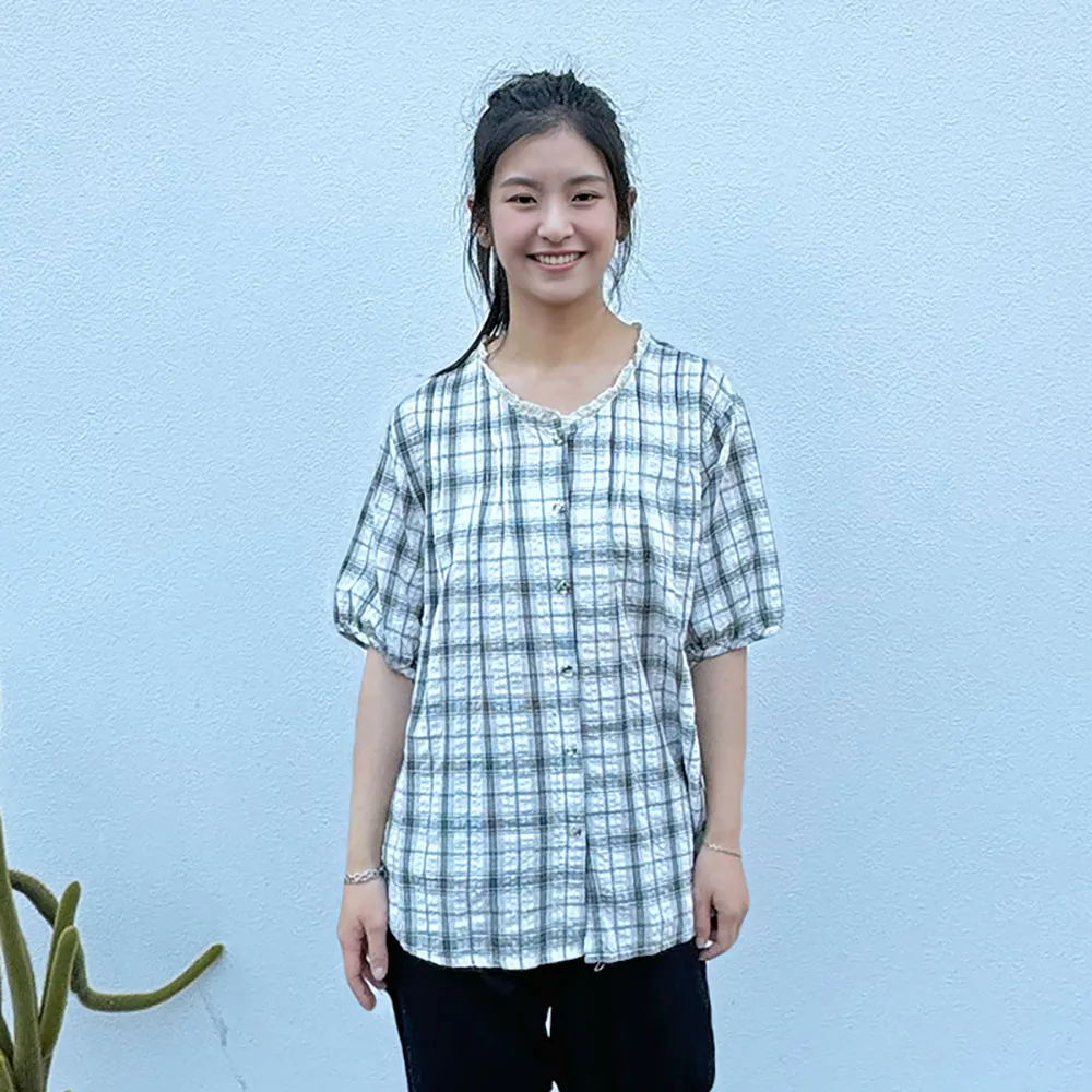 【Hana Mokuba】花木馬日系女裝花邊圓領格紋襯衫(襯衫)