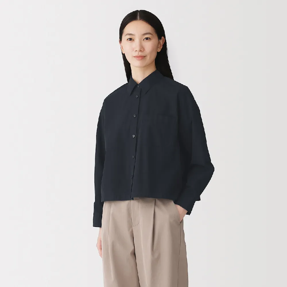 【MUJI 無印良品】女水洗平織布短版長袖襯衫(黑色/淡藍)