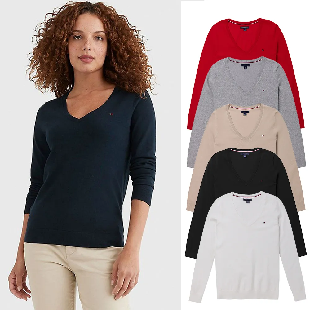【TOMMY HILFIGER】TOMMY 經典V領刺繡Logo毛衣 上衣-女-多色選(平輸品)