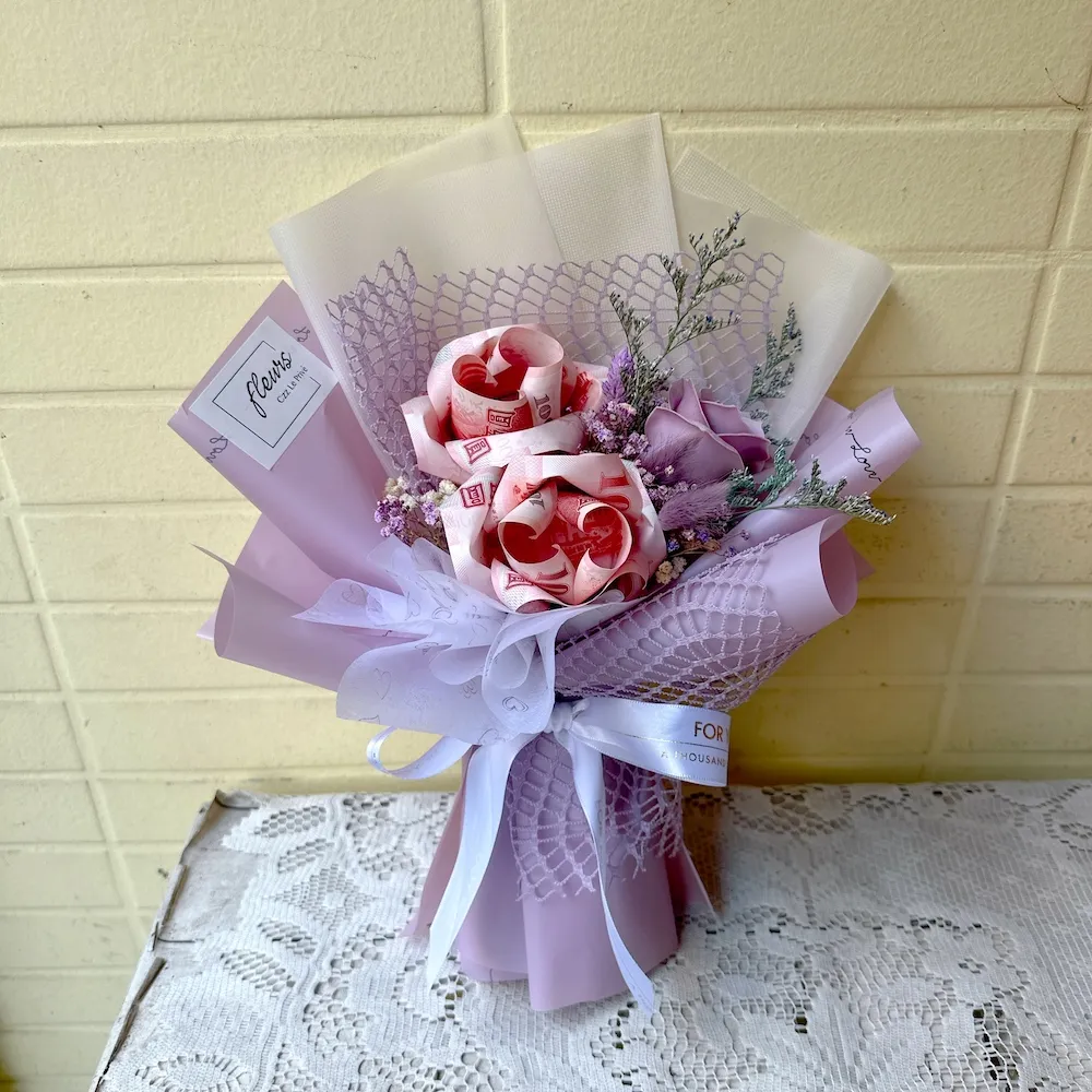 【喜滋滋花藝】送妳有錢花/網紅玫瑰鈔票花束-2朵鈔票玫瑰_純製作費/真鈔另外轉帳(鈔票花)
