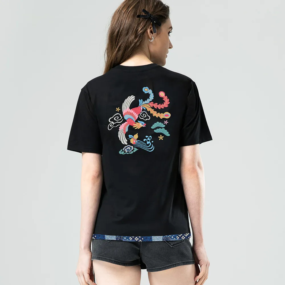 【BLUE WAY】女裝 龍鳳呈祥刺繡 短袖 上衣-日本藍
