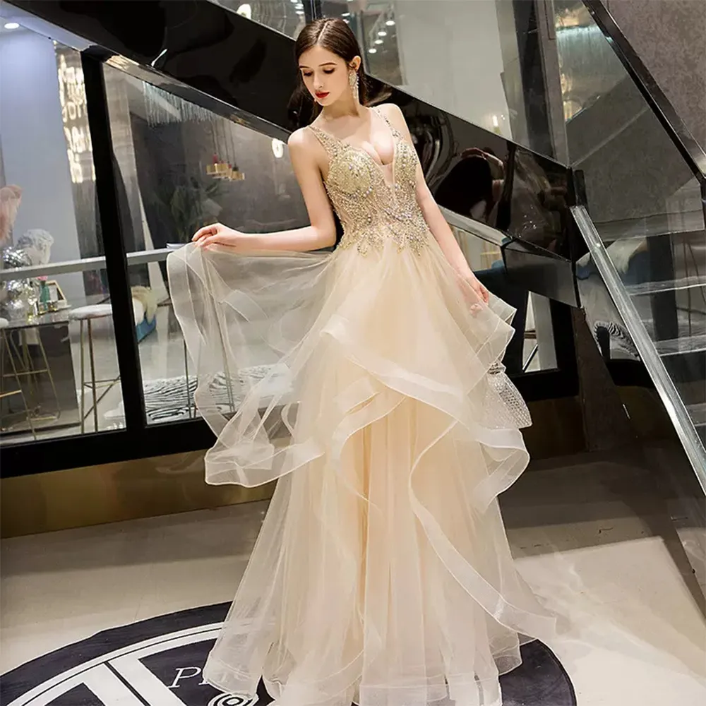 【女神婚紗禮服】高端百褶輕奢女王宴會晚禮服 PLGZ-30 香檳色1903(婚紗攝影 派對)