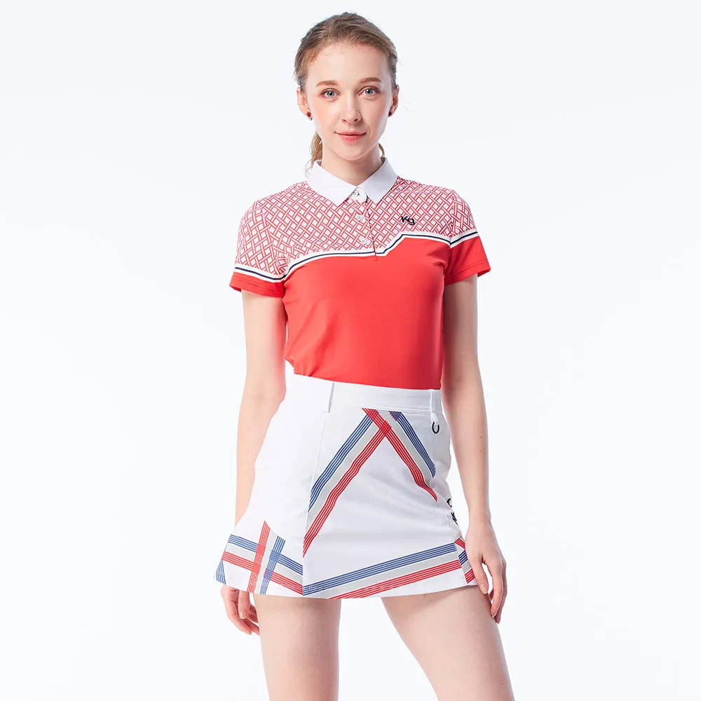 【KING GOLF】速達-網路限定款-女款幾何印花線條撞色涼感短袖POLO衫/高爾夫球衫-紅色