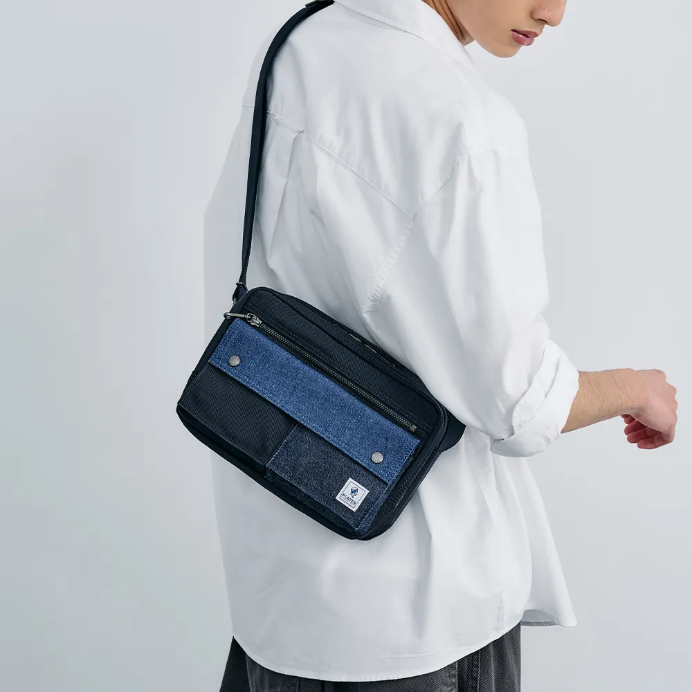 【PORTER INTERNATIONAL】牛仔拼接PATCH WORK雙層斜背包-S(深藍色)