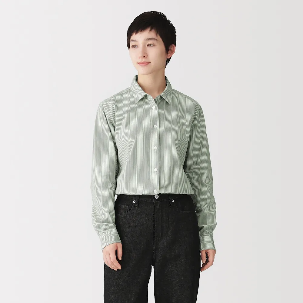 【MUJI 無印良品】女水洗平織布標準領長袖襯衫(白色/暗藍直紋/淺灰直紋/灰直紋/暗紅直紋/煙燻綠直紋)