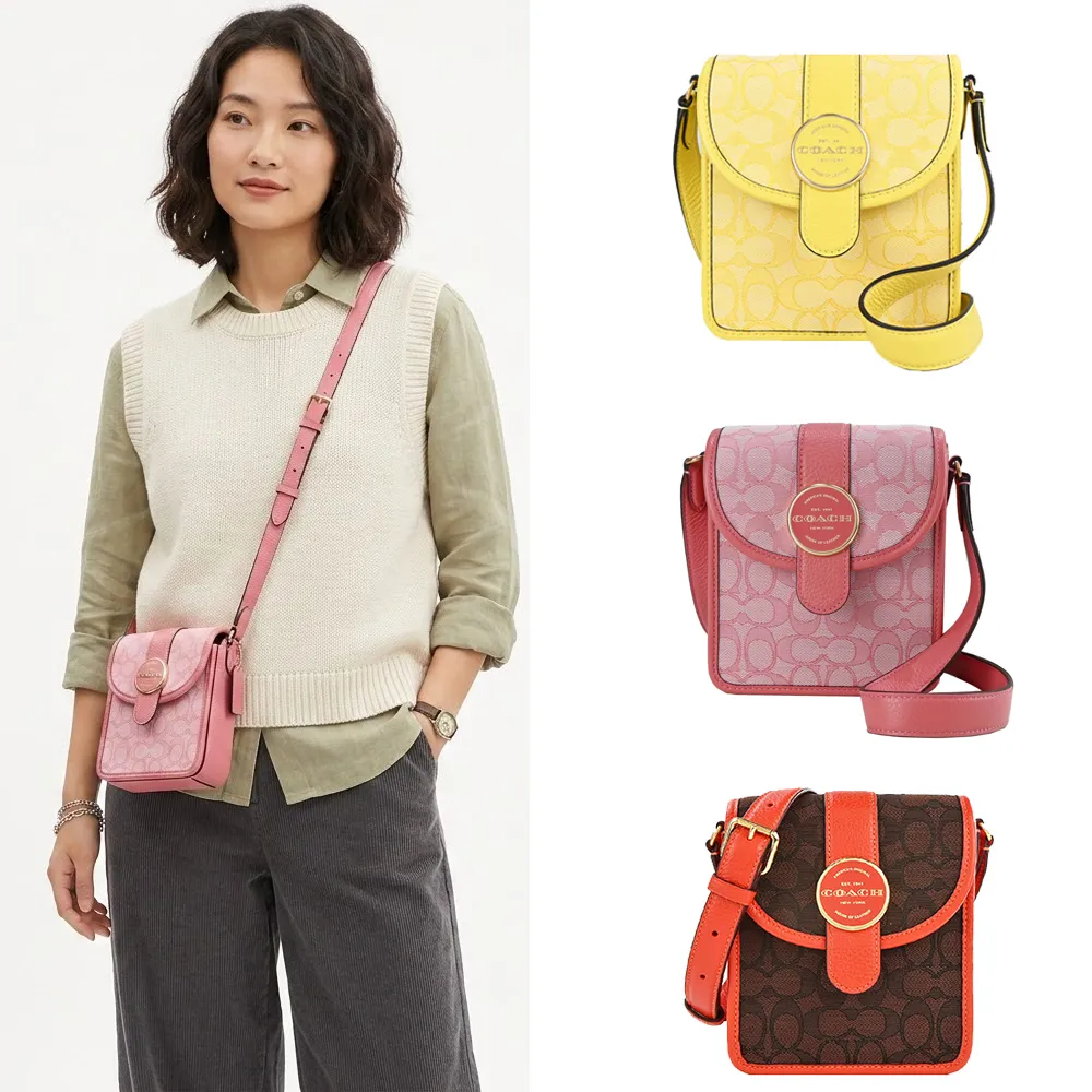 【COACH】LONNIE圓牌LOGO 經典緹花手機斜背包(任選)