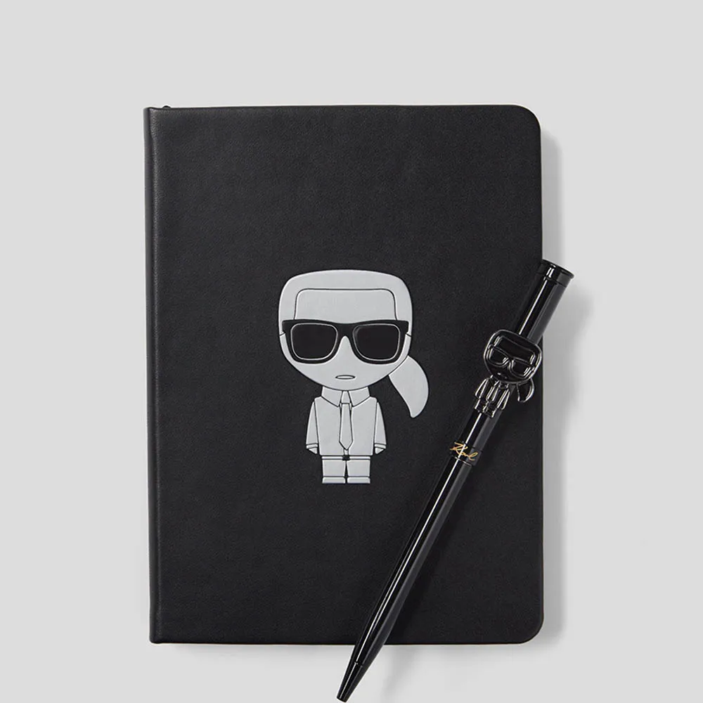 【KARL LAGERFELD 卡爾】IKONIK藝術金框筆記本套組(商用手帳本/圓珠鋼筆/橫頁書寫)
