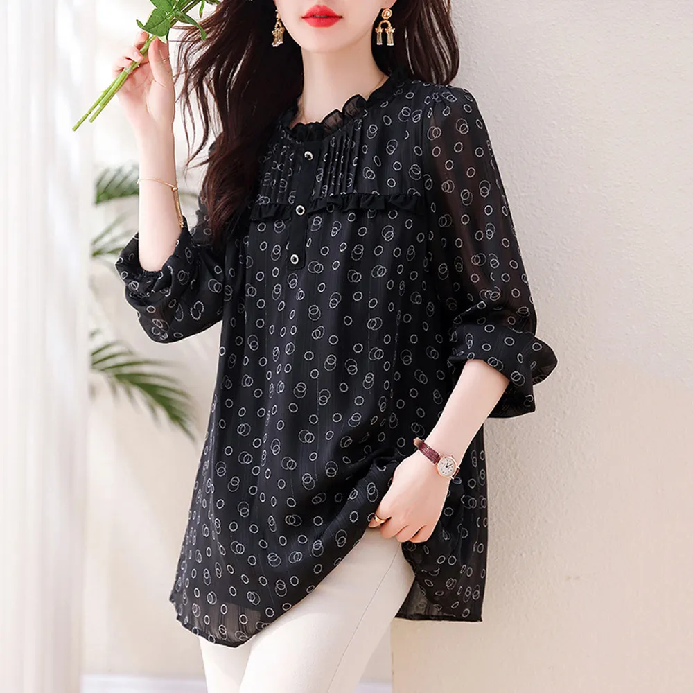 【ALLK 歐楷】新品 印花雪紡衫長上衣 黑色(尺寸L-XXL/中大尺碼/涼爽/透氣)