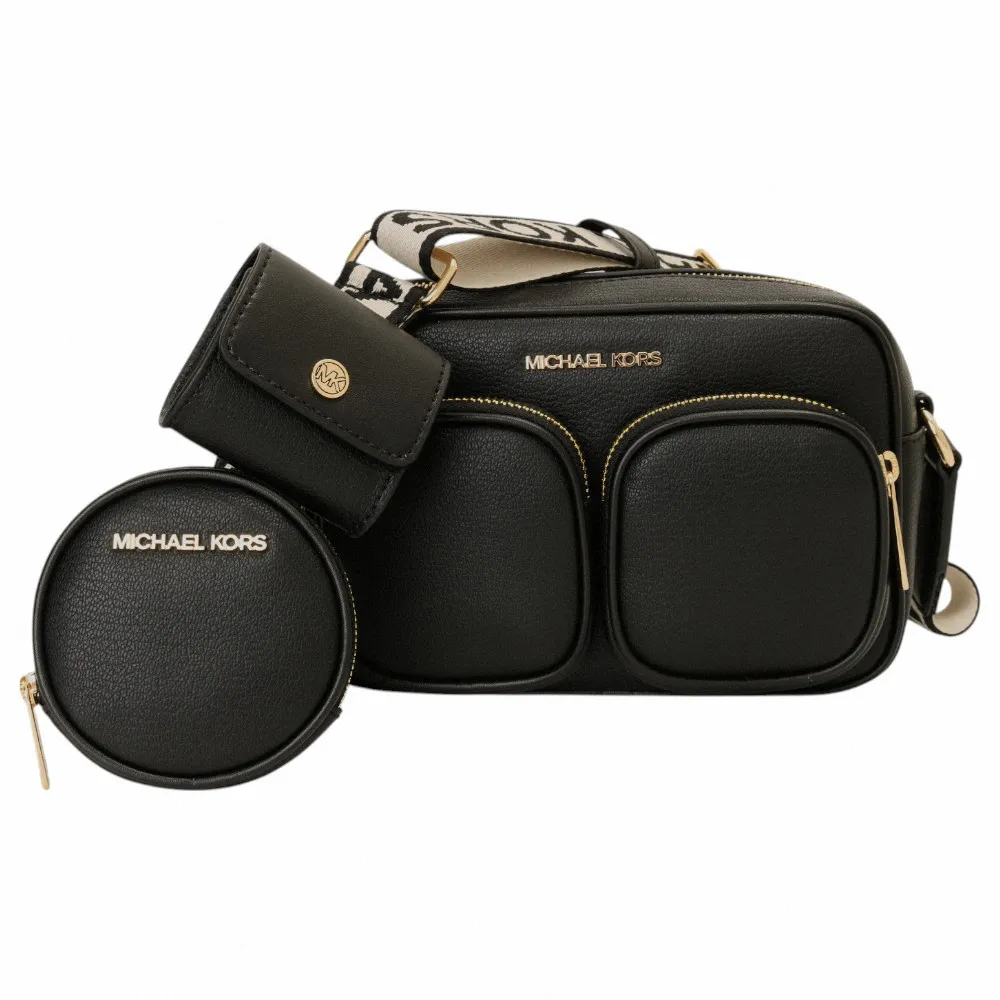 【Michael Kors】金字荔枝紋皮革附零錢包斜背包 S(黑)