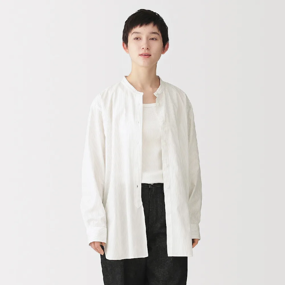 【MUJI 無印良品】女水洗平織布立領長袖長版襯衫(白直紋/摩卡棕直紋)