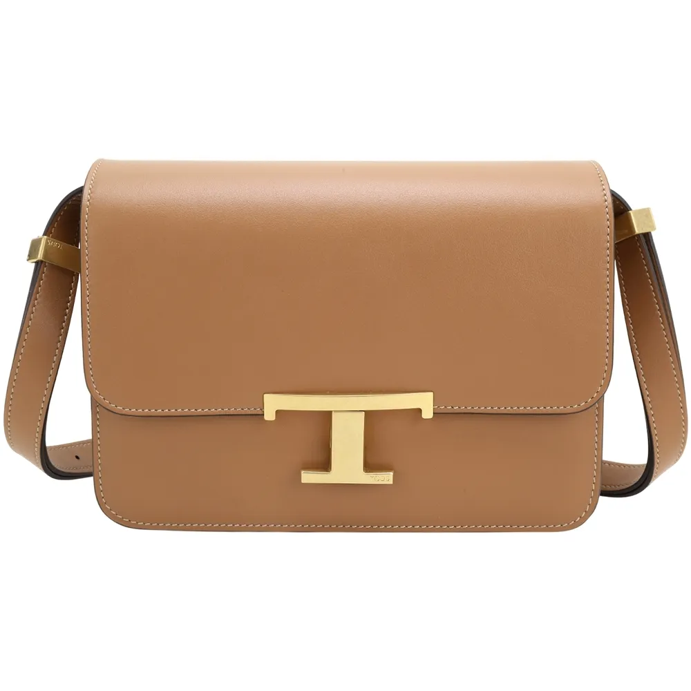 【TOD’S】TODS Timeless T字金屬按扣光滑牛皮滑動式背帶肩背方包-棕色(義大利手工皮革)