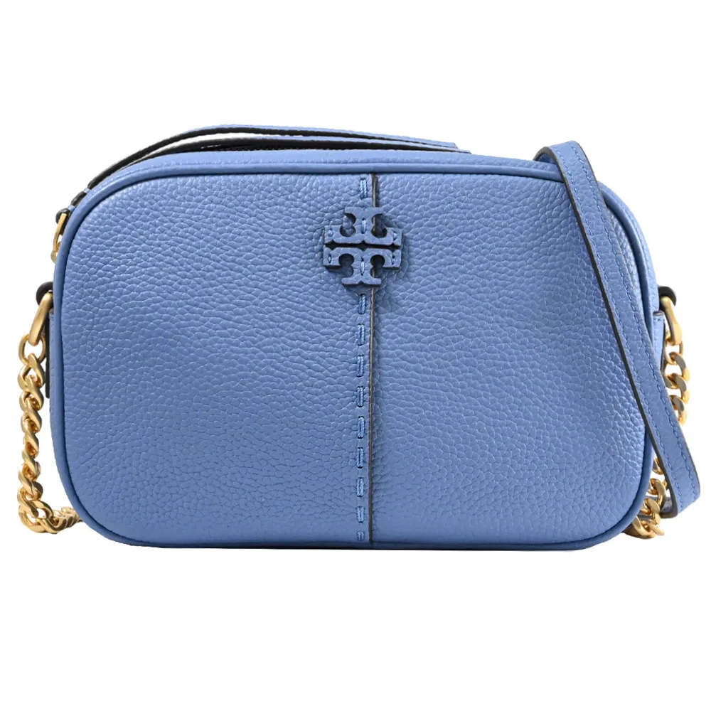 【TORY BURCH】簡約經典雙T LOGO荔枝皮革方包相機包斜背包(藍)