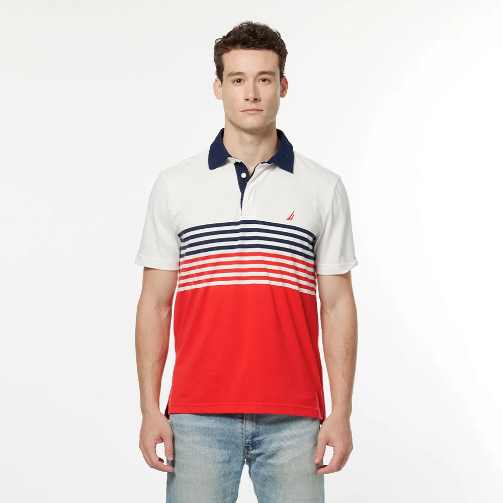 【NAUTICA】男裝 撞色拼接條紋短袖POLO衫(紅色)
