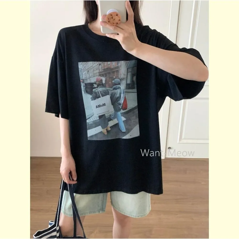 【Want-Meow】100公斤可穿/寬鬆韓系購物女子棉T大尺碼上衣大尺碼T恤(大碼/大尺碼/加大碼)