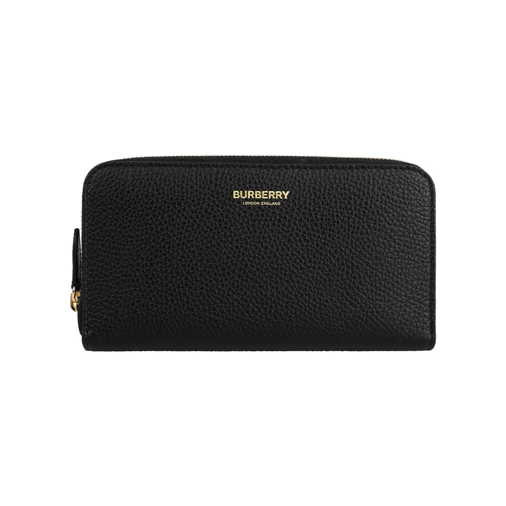 【BURBERRY 巴寶莉】金字Logo 燙印粒紋牛皮ㄇ形拉鏈長夾(黑色)