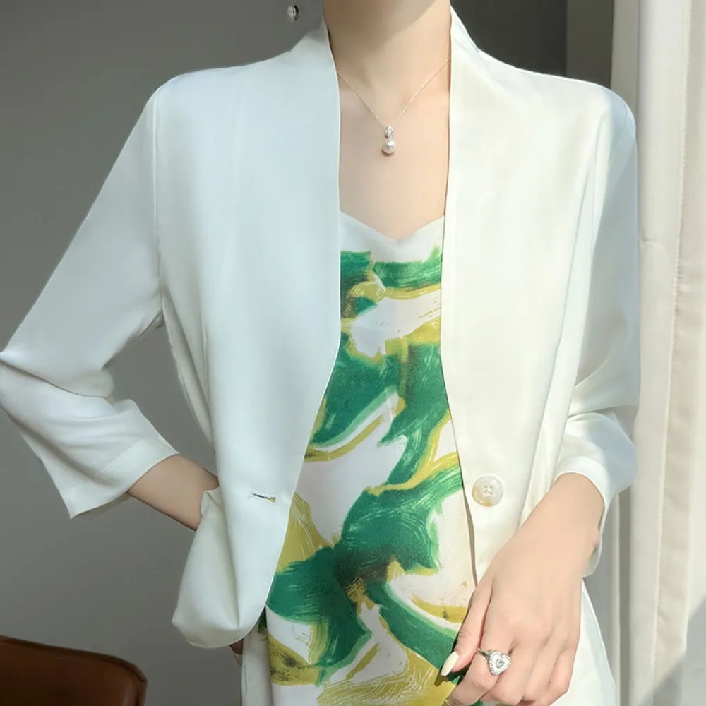 【米蘭精品】雙11優惠 女外套高級緞面西裝外套絲質外套法式絲綢外套天絲西服(七分袖修身短款5色t1lc82)