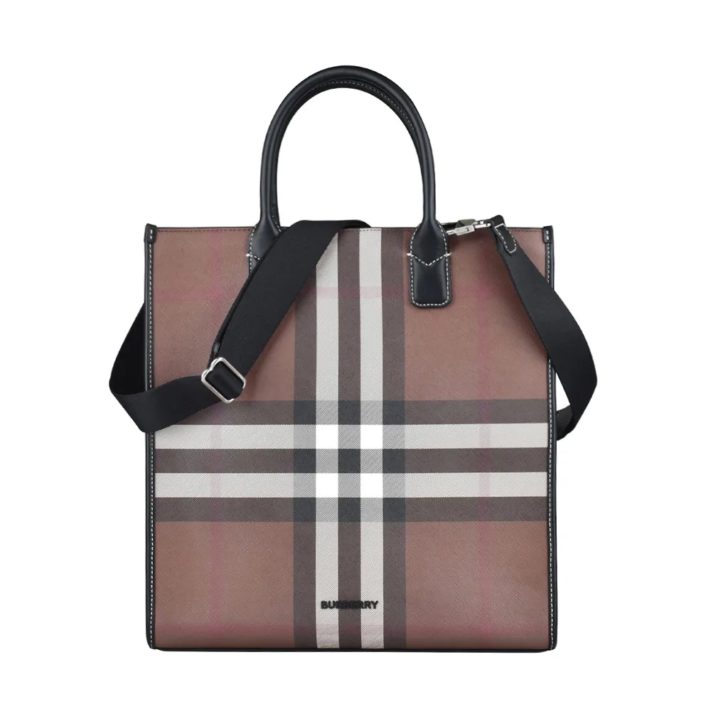 【BURBERRY 巴寶莉】BURBERRY Denny LOGO開口式格紋PVC手提斜背包(深褐x炭灰)