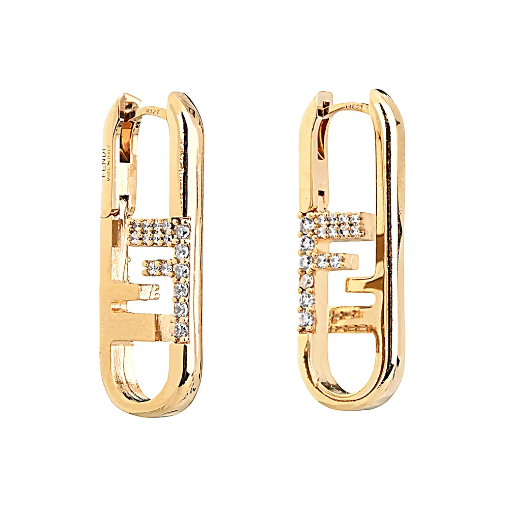 【FENDI 芬迪】FENDI OLock FF雙F LOGO長橢圓水晶鑲飾釦式耳環(金)