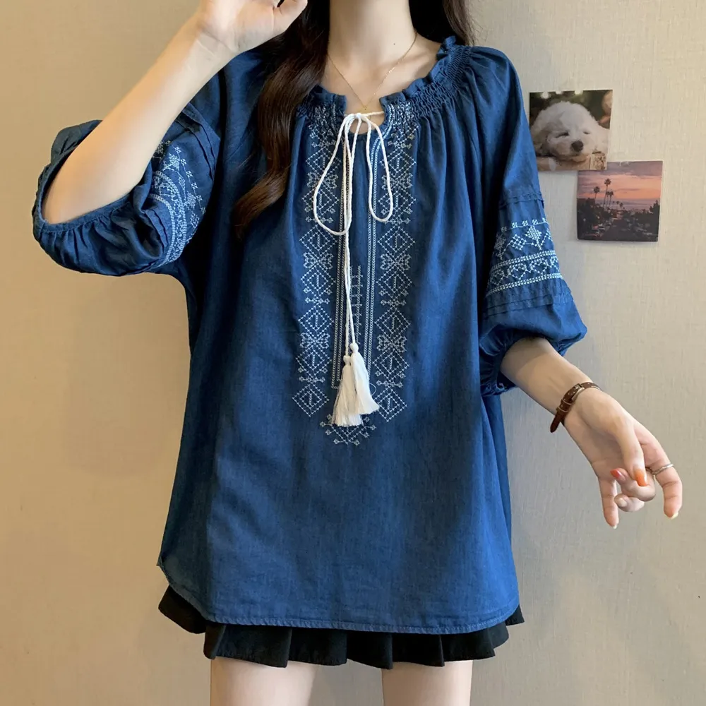 【ALLK 歐楷】新品 刺繡綁帶上衣 深藍色(尺寸L-3XL/中大尺碼/涼爽/透氣)