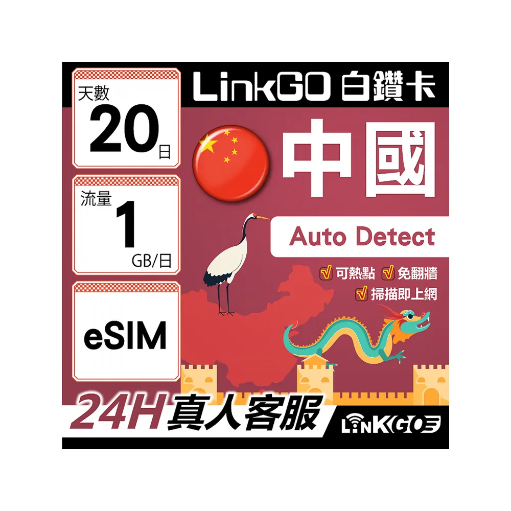 【LINKGO】白鑽卡 中國大陸 eSIM卡 20天上網卡每日1GB 免翻牆支援LINE FaceBook(中國網卡 大陸 西藏 新疆)