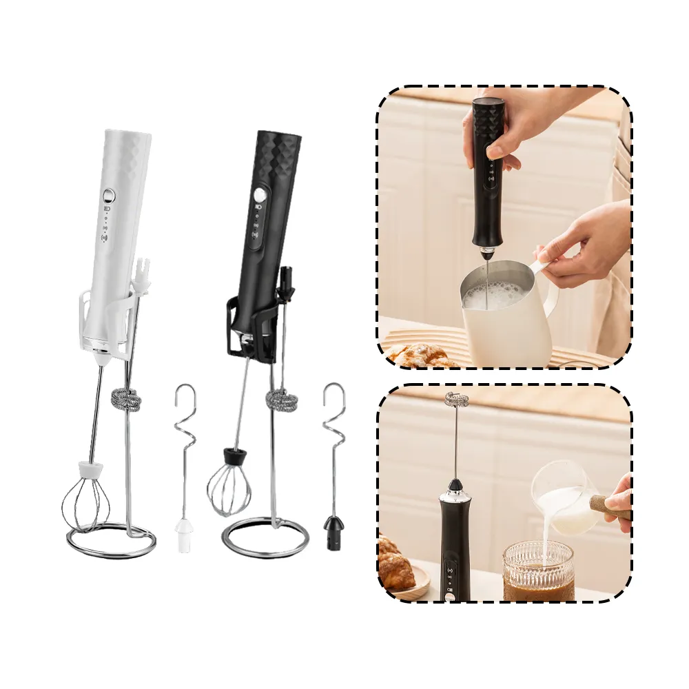 【SUNORO】不銹鋼電動打奶泡器 咖啡拉花打泡器 烘焙打蛋器(Type-C充電式/附3款攪拌頭+支架)