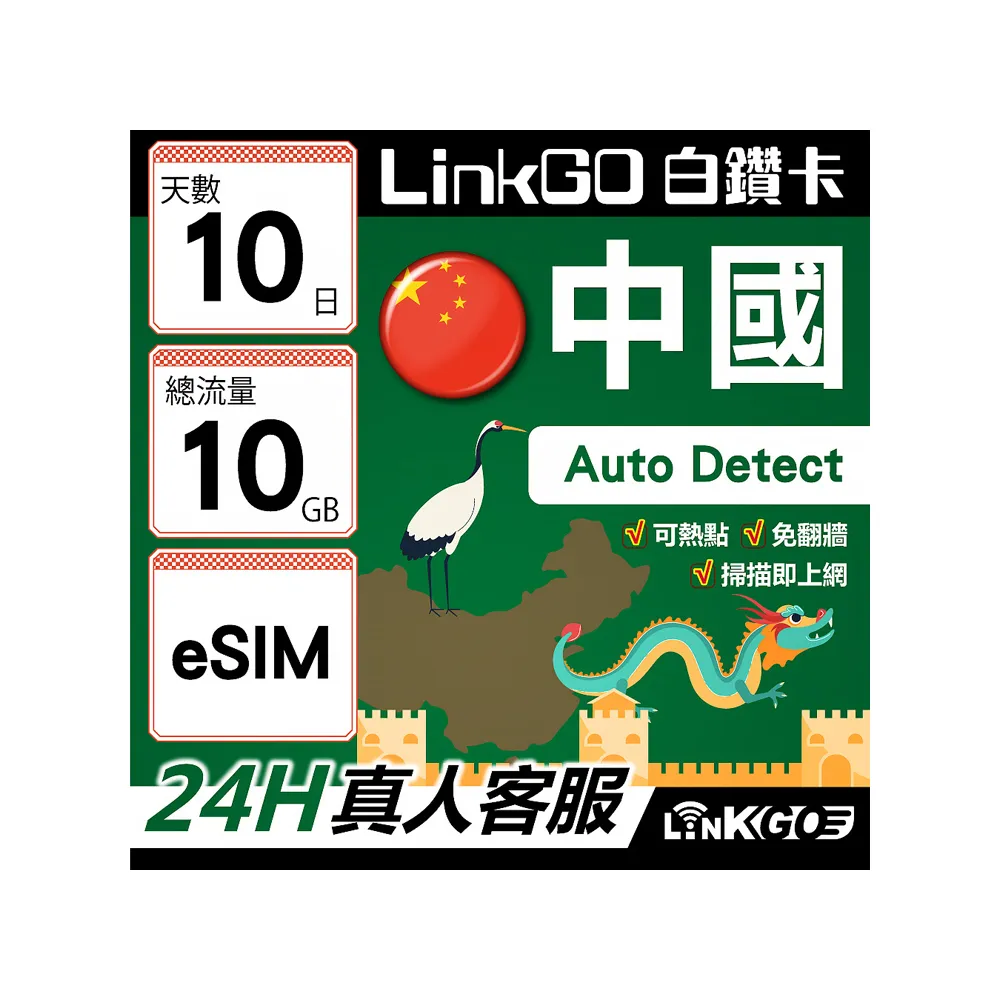 【LINKGO】白鑽卡 中國大陸 eSIM卡 10天上網總流量10GB 免翻牆支援LINE FaceBook(中國網卡 大陸 西藏 新疆)