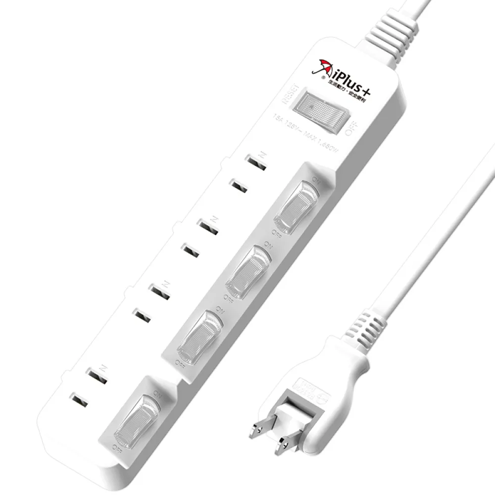【iPlus+ 保護傘】5切4座防火抗雷擊180度插頭延長線1.8m(PU-2546.台灣製)