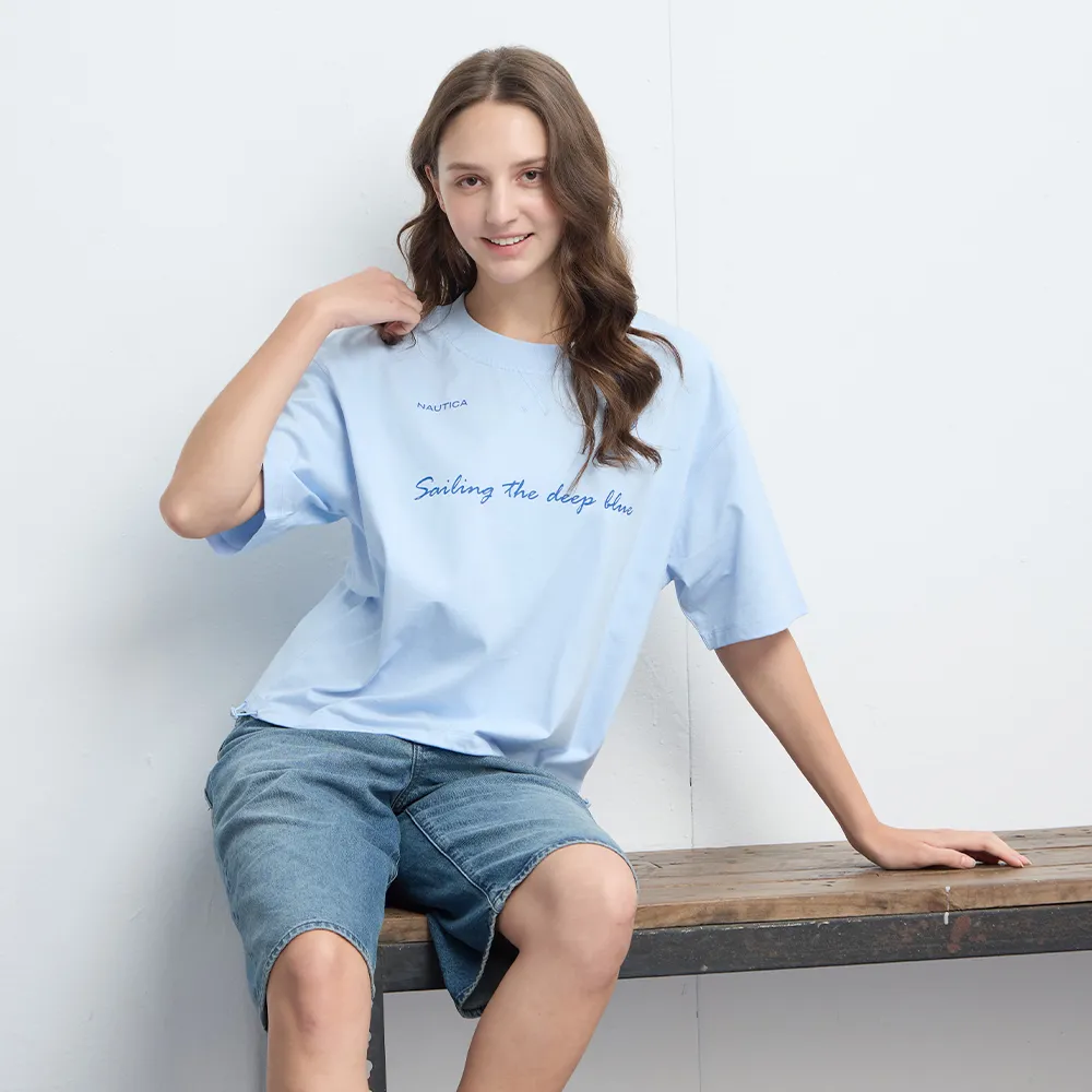 【NAUTICA】官方旗艦 女裝  品牌LOGO刺繡短袖T恤(淺藍色)