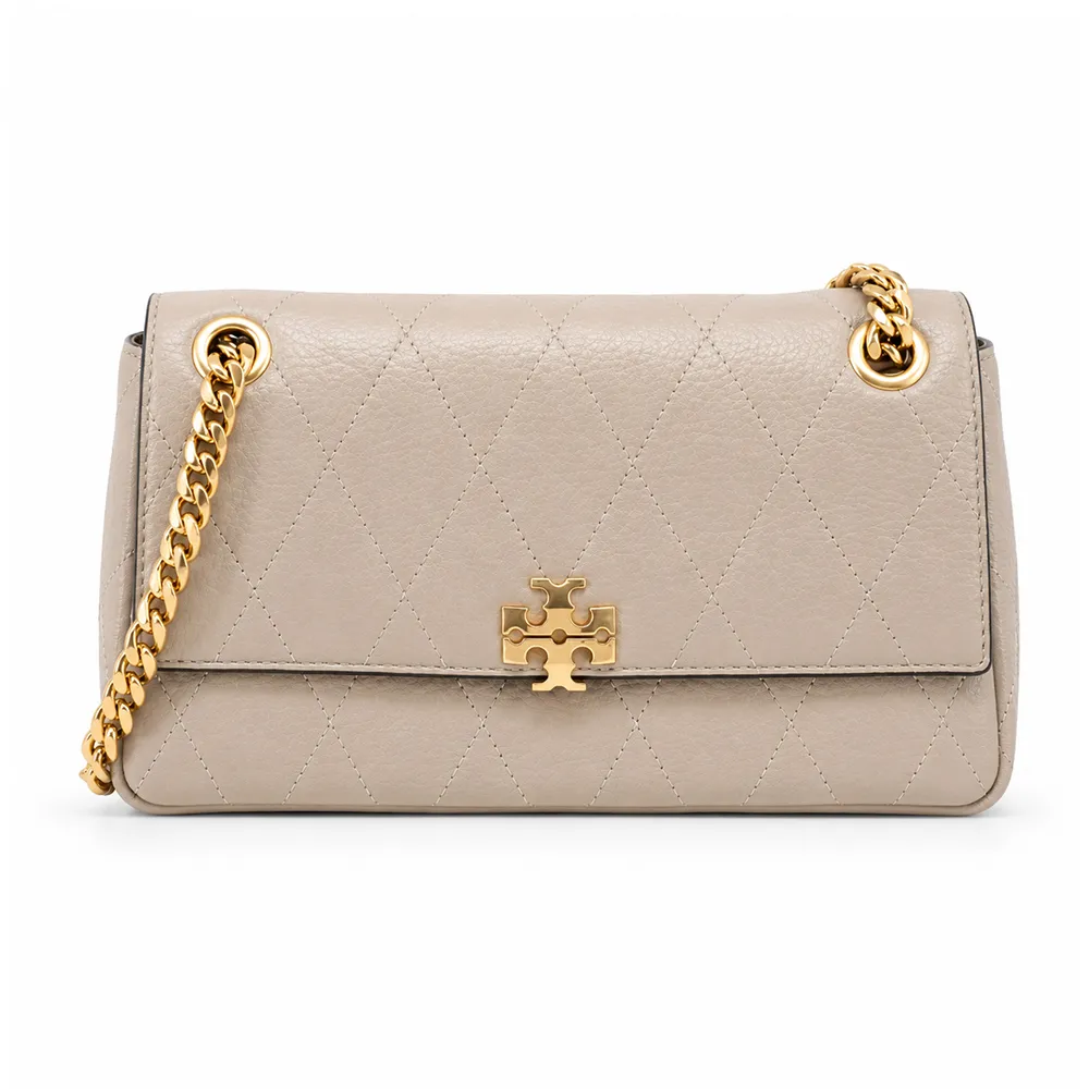 【TORY BURCH】CHARLIE 荔枝紋皮革菱格絎縫翻蓋肩背/斜背包(小/柔霧米灰)