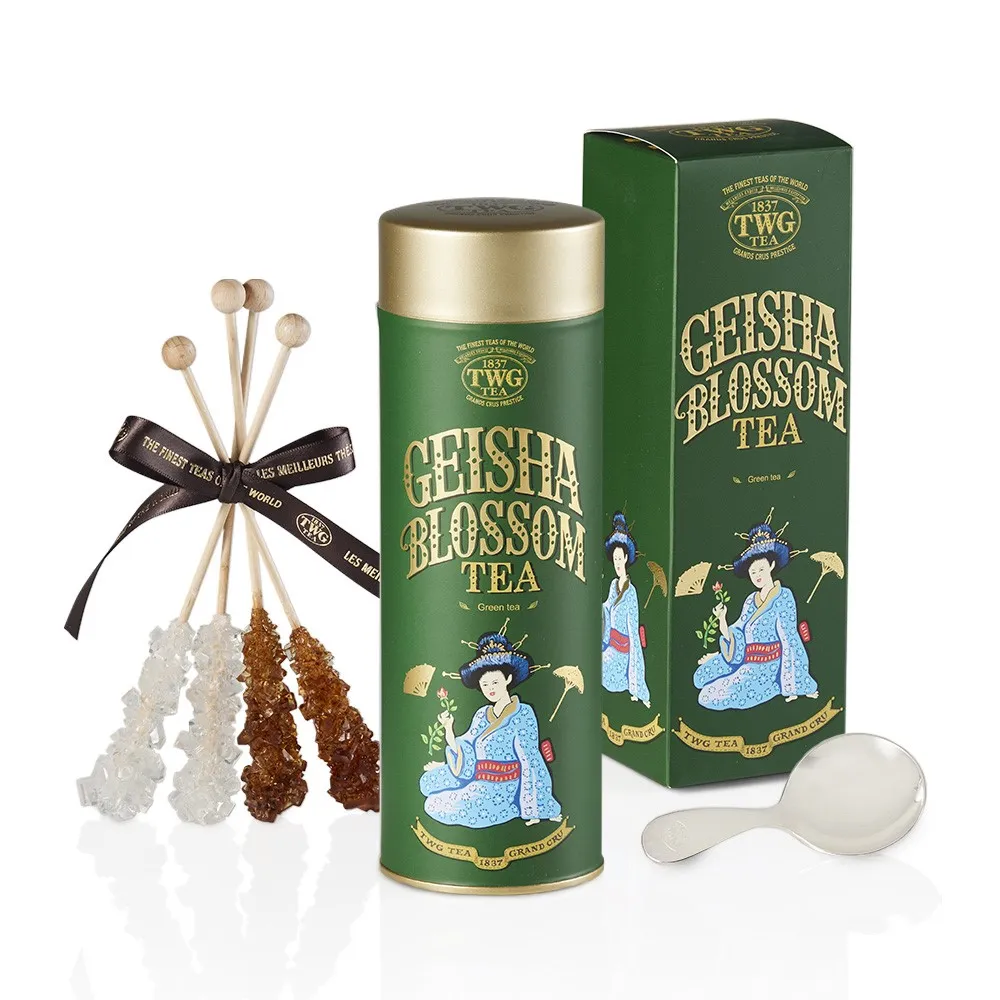 【TWG Tea】頂級訂製茗茶禮物組(綠茶任選 100g；130g/罐+計量銀匙+茶糖棒)